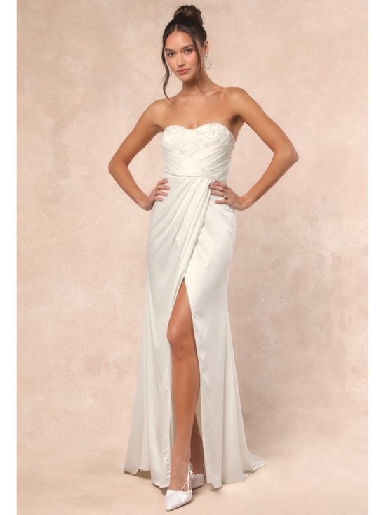Lulus Dresses & Skirts - NWT Lulu’s Heidy White Satin Beaded Strapless Maxi Wedding Dress Medium Romantic